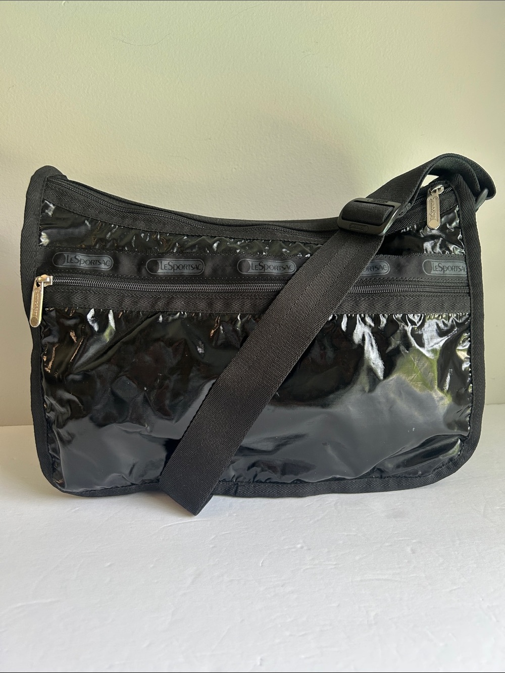 LeSportsac Deluxe Shoulder Satchel Crossbody in Black Shine Patent
